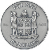 A round silver-colored Fiji 10 Dollars coin featuring the national coat of arms and the year 2022.