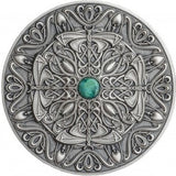 A circular 3oz silver coin with an intricate Art Nouveau Mandala design and a green gemstone in the center.