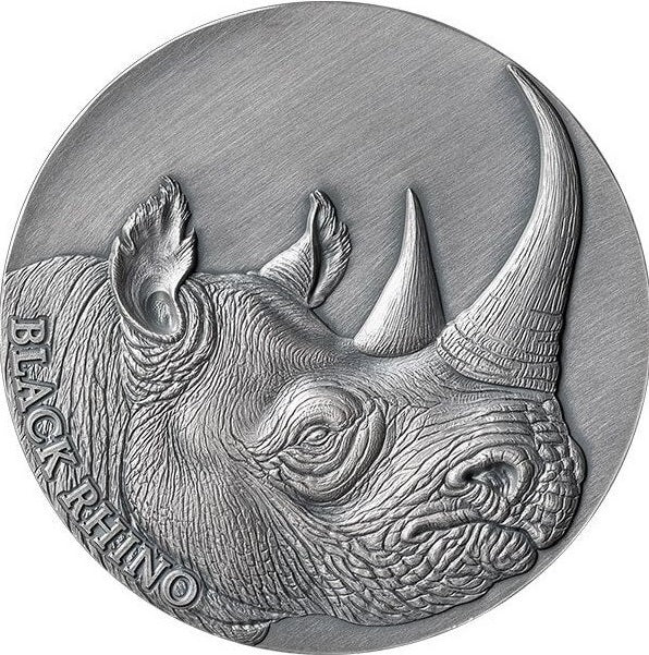Cameroon 2023 2000 Francs Black Rhino Expressions of Wildlife 2oz Silver 500 Made REVERSE VIEW of RHINO FACE