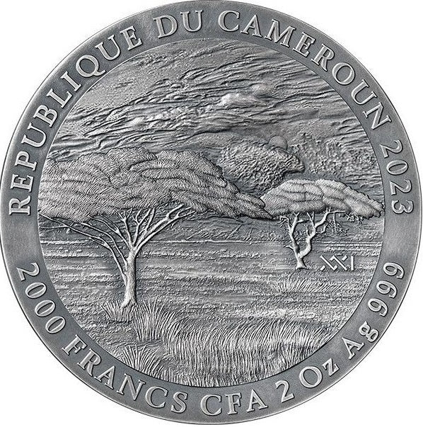 Cameroon 2023 2000 Francs Black Rhino Expressions of Wildlife 2oz Silver 500 Made OBVERSE VIEW of Grasslands and Savanna