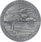 Cameroon 2023 2000 Francs Black Rhino Expressions of Wildlife 2oz Silver 500 Made OBVERSE VIEW of Grasslands and Savanna