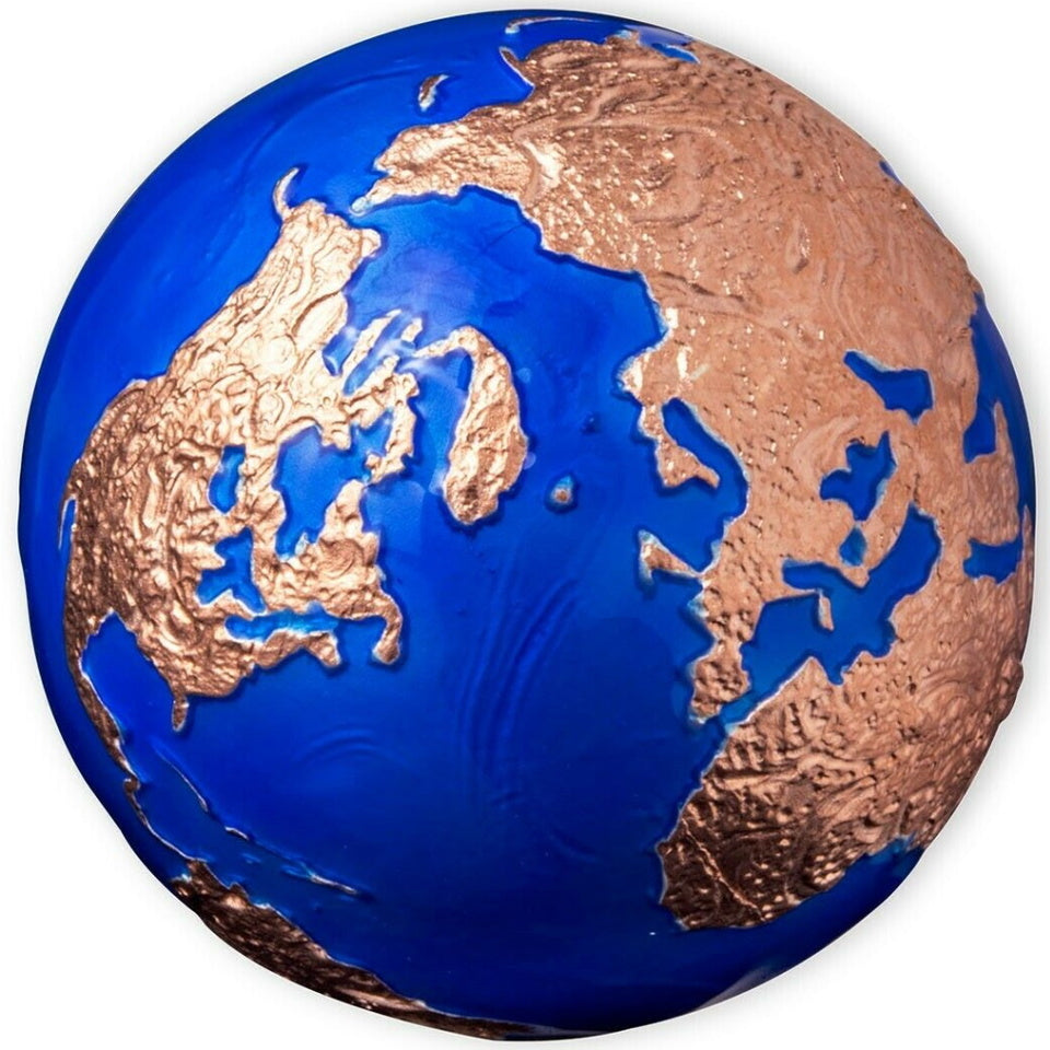 Barbados 2022 $5 Endangered Blue Marble Earth with Meteorite from Space Rose Gold-Plated 3oz Antiqued Silver Sphere Coin
