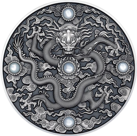 Niue 2023 $5 Chinese Dragon Art 2oz Antique Silver High Relief Coin with Jasper Stones 200 Minted