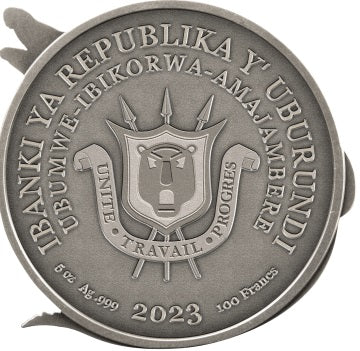 Burundi 2023 100 Francs Protecting Wildlife Series- Crocodile 5 Oz .999 Antique Silver 70mm Coin 799 Minted