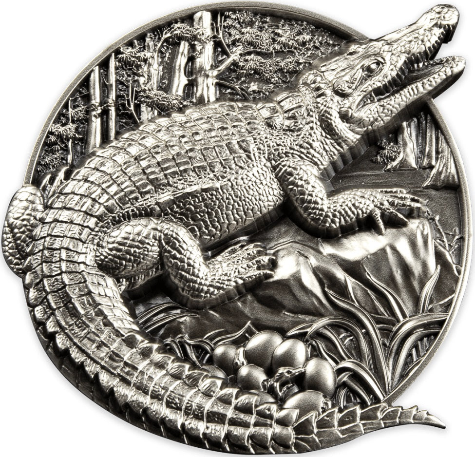 Burundi 2023 100 Francs Protecting Wildlife Series- Crocodile 5 Oz .999 Antique Silver 70mm Coin 799 Minted