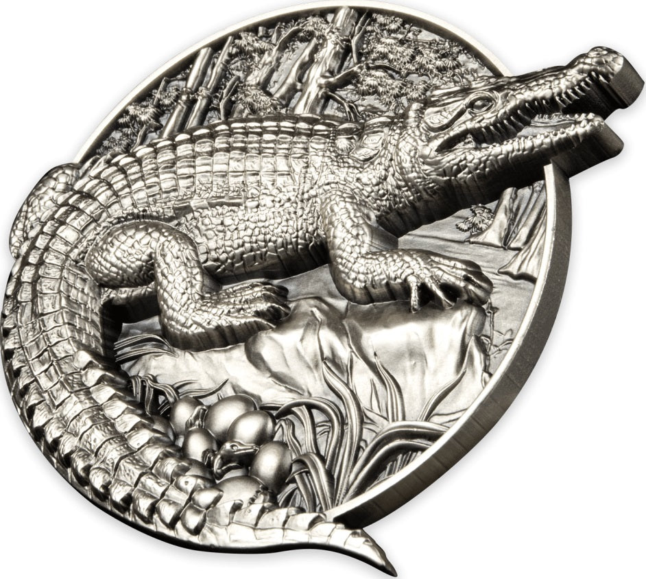 Burundi 2023 100 Francs Protecting Wildlife Series- Crocodile 5 Oz .999 Antique Silver 70mm Coin 799 Minted
