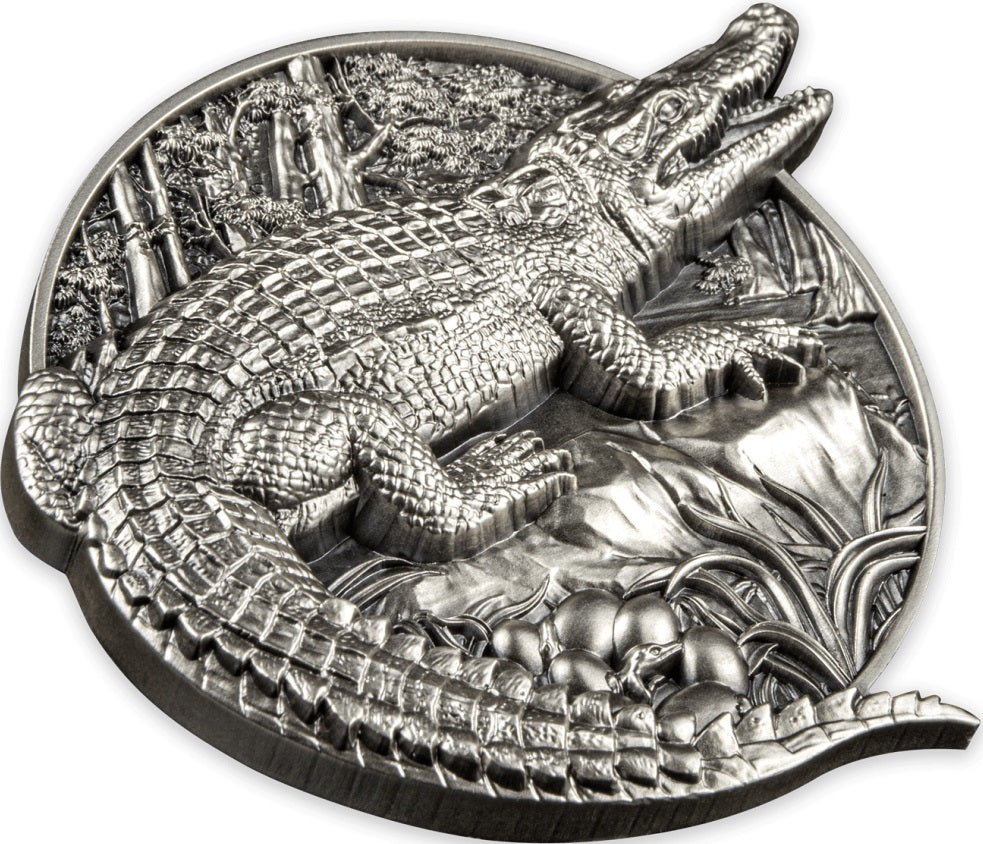 Burundi 2023 100 Francs Protecting Wildlife Series- Crocodile 5 Oz .999 Antique Silver 70mm Coin 799 Minted