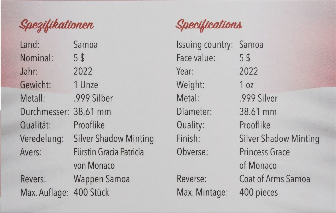 Samoa 2022 $5 Princess Grace of Monaco / Grace Kelly 40th Anniversary 1oz .999 Silver Coin Shadow Minting Technique