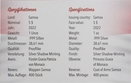 Samoa 2022 $5 Princess Grace of Monaco / Grace Kelly 40th Anniversary 1oz .999 Silver Coin Shadow Minting Technique