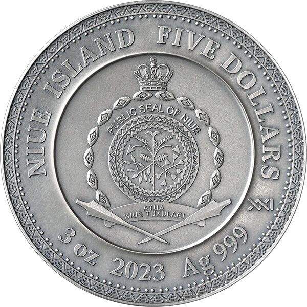 Niue 2023 $5 Vishnu Divine Faces of the Sun 3oz Antique finish .999 Gilded Silver Coin