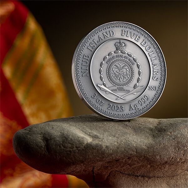 Niue 2023 $5 Vishnu Divine Faces of the Sun 3oz Antique finish .999 Gilded Silver Coin