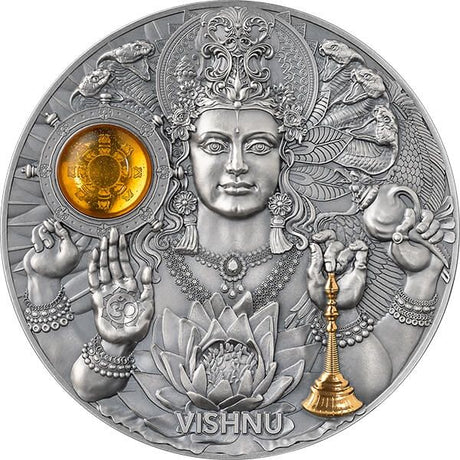 Niue 2023 $5 Vishnu Divine Faces of the Sun 3oz Antique finish .999 Gilded Silver Coin