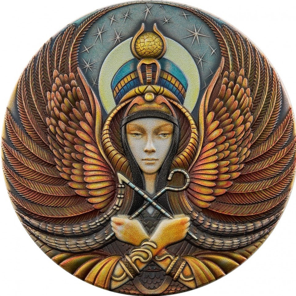 Niue 2022 $5 Women: Isis Wings 2 Oz Colourised Antiqued Silver Coin