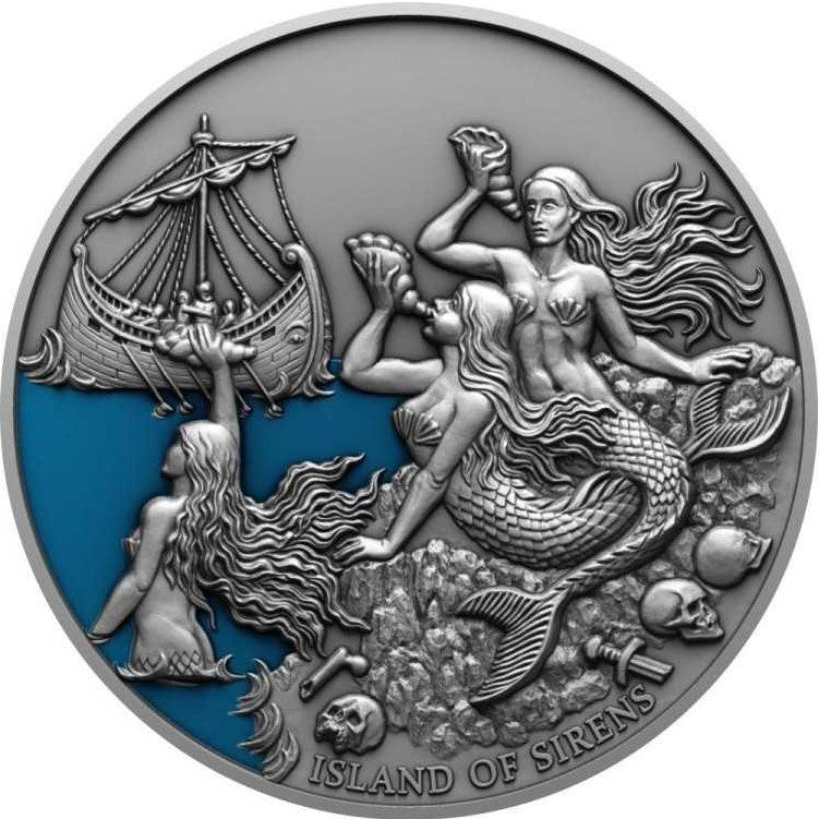 Niue 2022 $5 Island of Sirens Mythical Creatures 2 Oz Coloured Antiqued Silver Coin