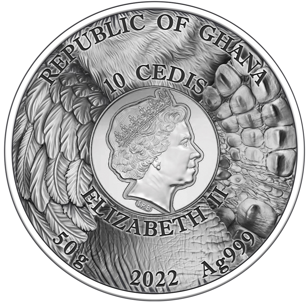 Ghana 2022 10 Cedis Panther Hunting in the Wild Selectively Gilded 2 oz .999 Antique Silver Coin Obverse