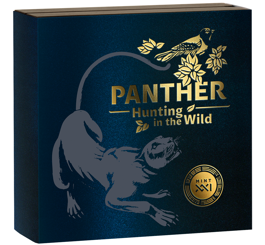 Ghana 2022 10 Cedis Panther Hunting in the Wild Selectively Gilded 2 oz .999 Antique Silver Coin Box