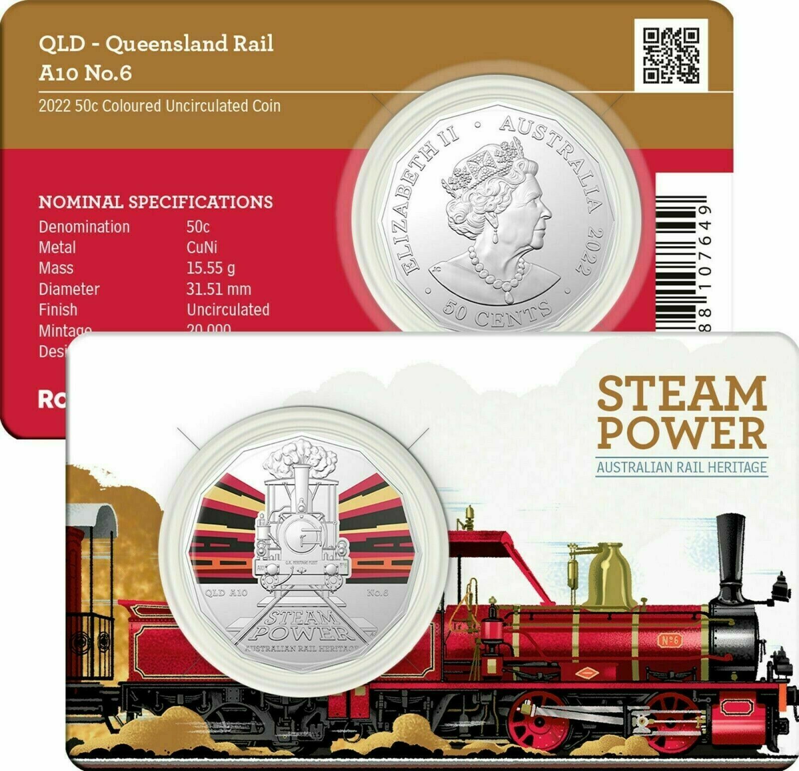 Australia 2022 50 Cents Steam Trains Coloured Coins in Folder