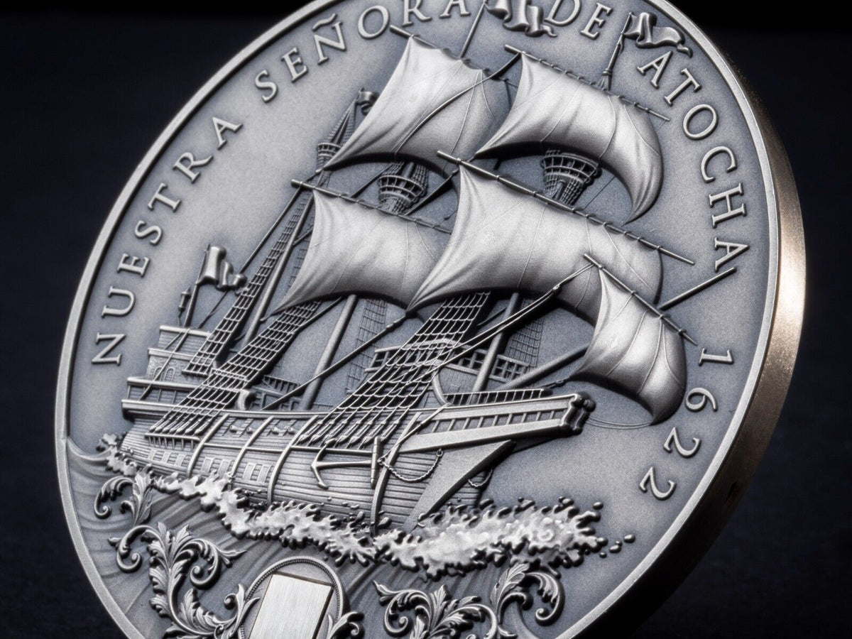 Niue 2022 $5 Nuestra Senora de Atocha 2 oz Silver Coin with Sunken Treasure Inlay- 200 made