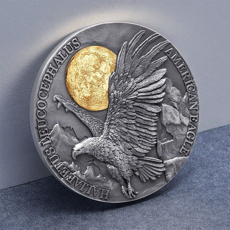 Republic of Ghana 2022 10 Cedis Wildlife in the Moonlight: American Eagle 2 Oz Antique Silver Selectively Gilded Coin