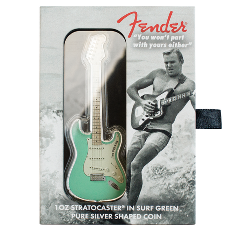 Solomon Islands $2 2022 Fender® 1oz Stratocaster® Shaped Coin Coloured in Surf Green