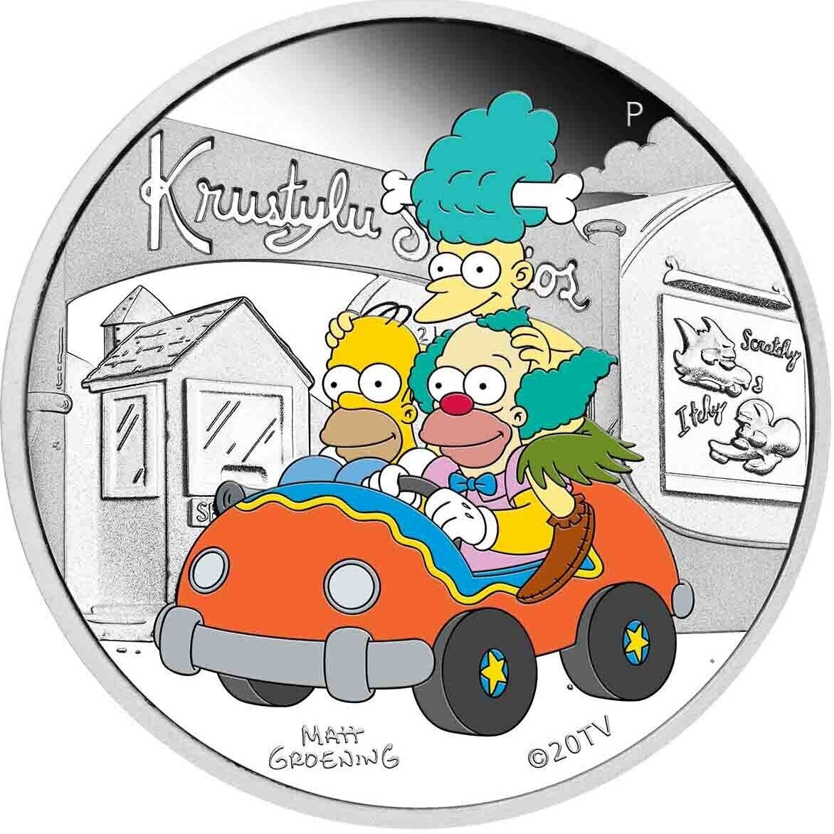 Tuvalu 2022 $1 The Simpsons - Krusty Lu Studios 1oz .9999 Silver Proof Coloured Coin Perth Mint