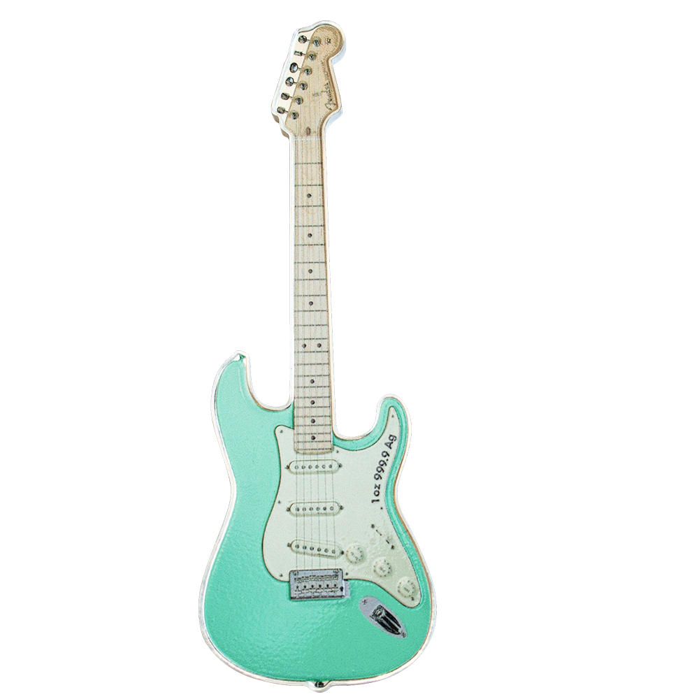 Solomon Islands $2 2022 Fender® 1oz Stratocaster® Shaped Coin Coloured in Surf Green
