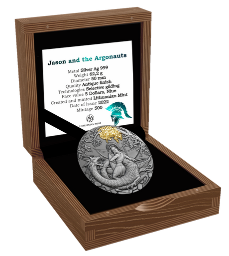 Niue 20bg22 $5 Myths of Love series: Jason and the Argonauts 2oz Silver Antiqued Coin