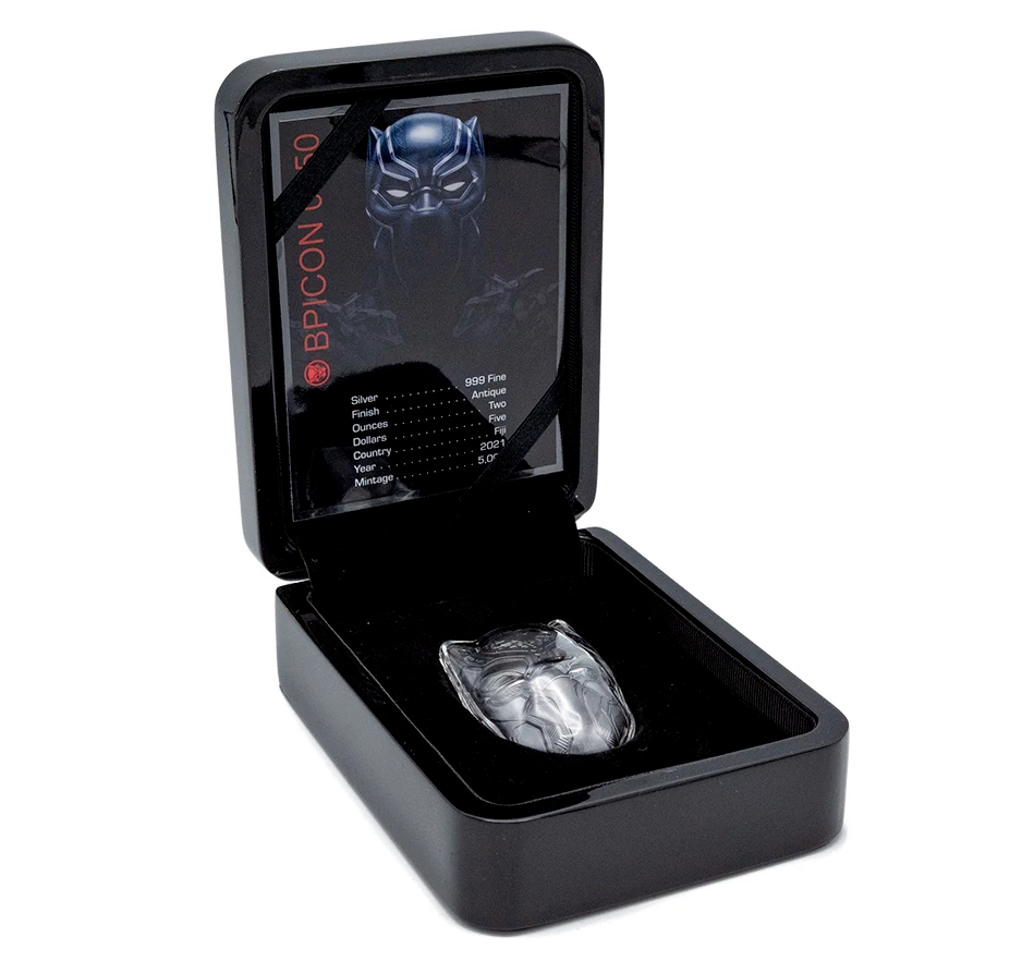 Fiji 2021 $2 Black Panther Mask 2oz Antiqued Silver Coin Perth Mint Case