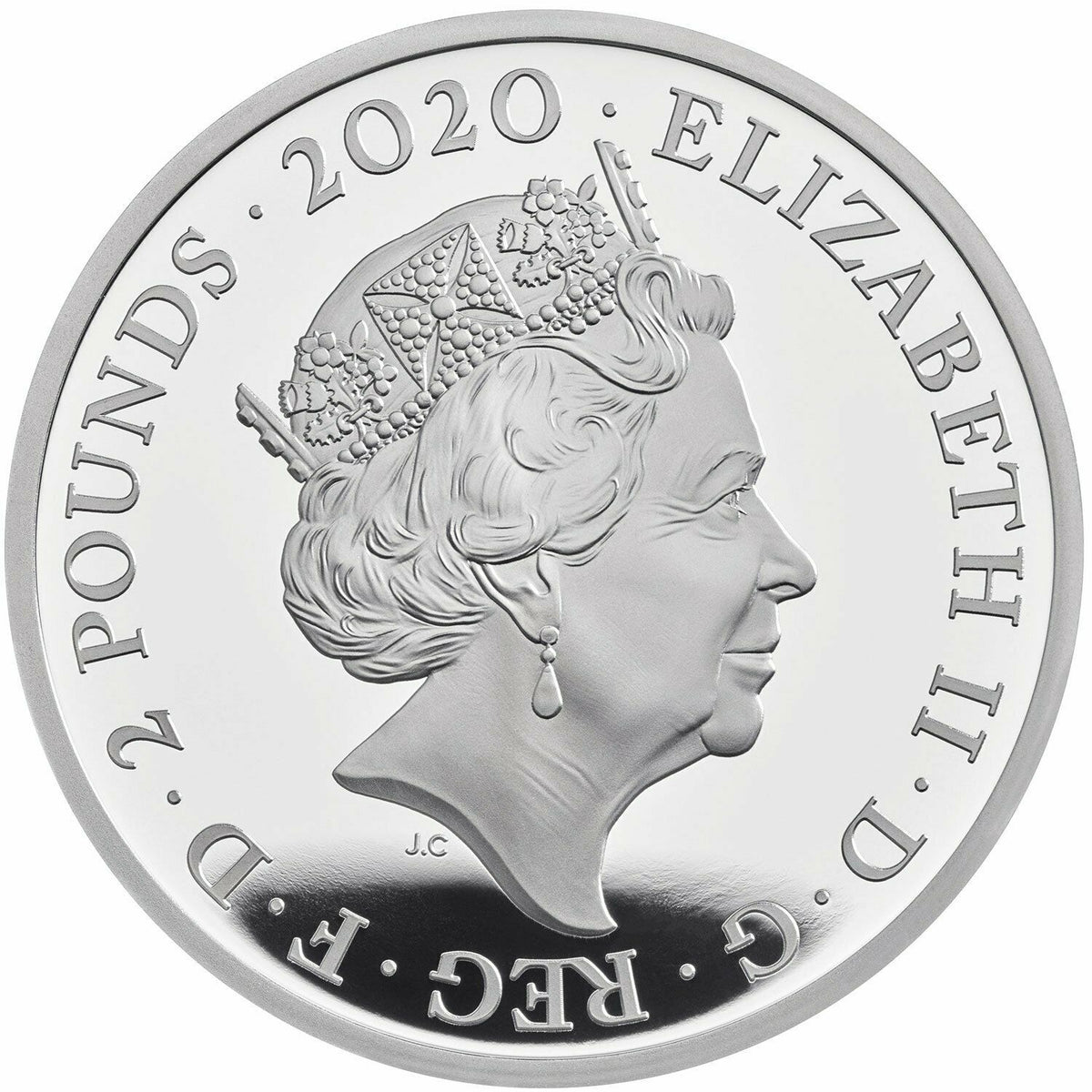 United Kingdom 2020 £2 David Bowie .999 Silver Proof Coin. . The obverse features the definitive fifth definitive coinage portrait of Her Majesty Queen Elizabeth II, designed by Jody Clark, confirming its status as legal British tender.