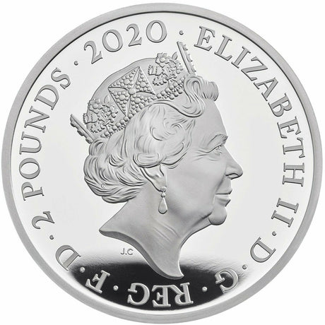 United Kingdom 2020 £2 David Bowie .999 Silver Proof Coin. . The obverse features the definitive fifth definitive coinage portrait of Her Majesty Queen Elizabeth II, designed by Jody Clark, confirming its status as legal British tender.