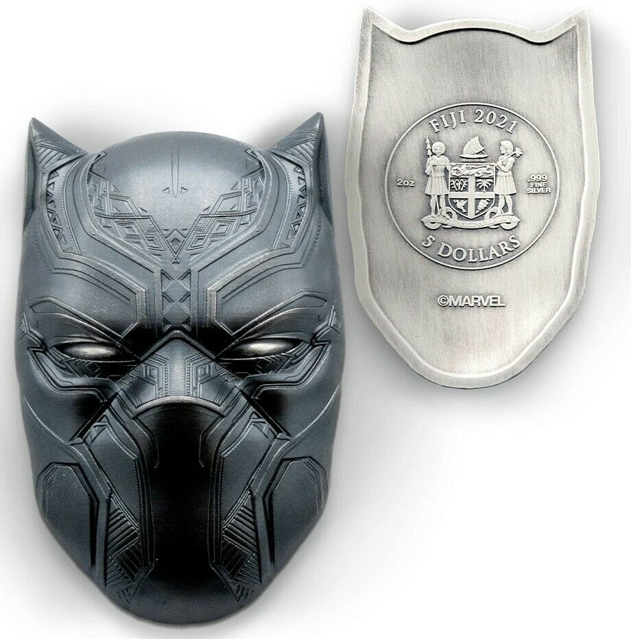 Fiji 2021 $2 Black Panther Mask 2oz Antiqued Silver Coin Perth Mint Reverse and Obverse