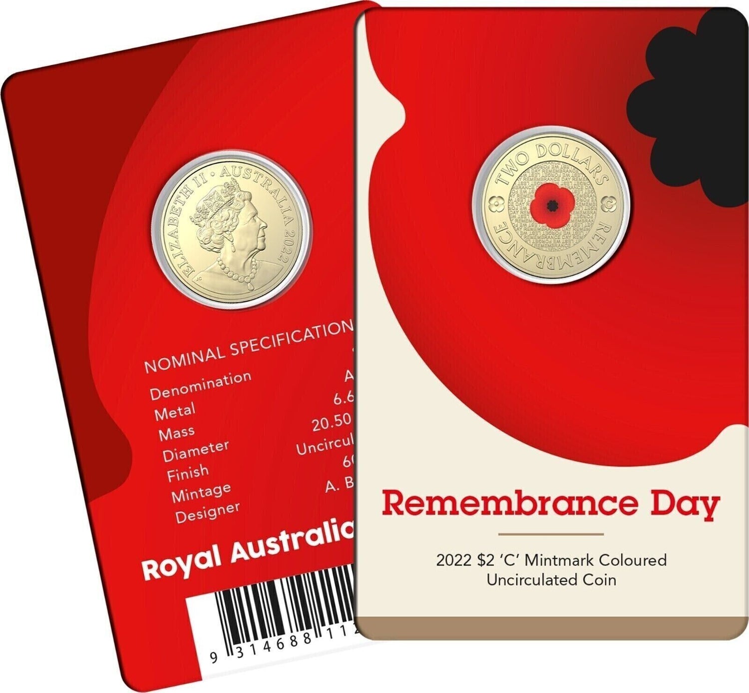Australia 2022 $2 Red Poppy $2 C Mintmark Remembrance Day Coloured Uncirculated Coin Carded