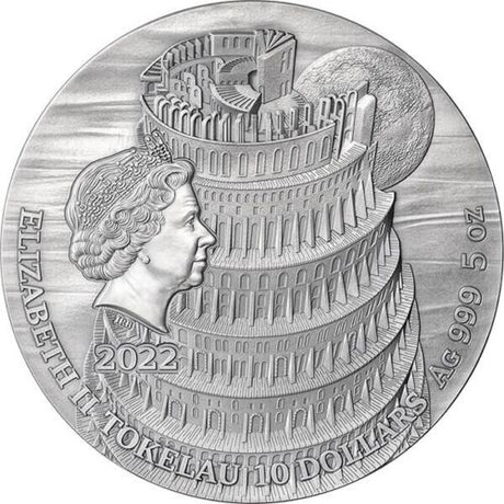 Tokelau 2022 $10 Tower of Babel Fundamental Stories of the Bible 5 Oz Antique Silver Coin 299 Mintage
