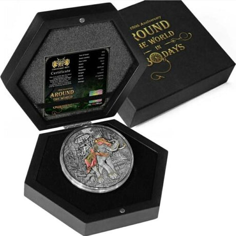 Niue 2022 $5 150th Anniversary Around the World in 80 Days 3 Oz Silver Antiqued Coin