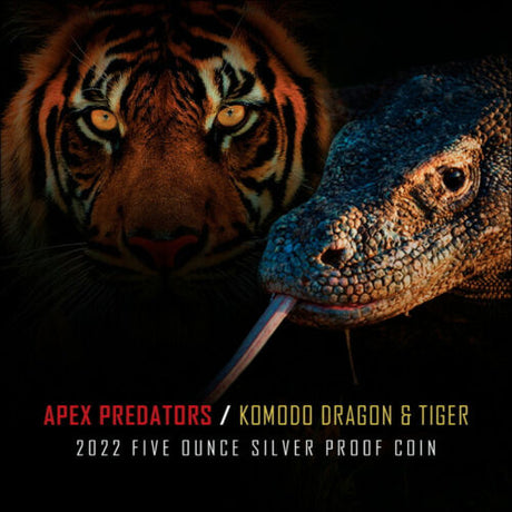 Niue 2022 $10 Apex Predators Komodo Dragon vs Tiger 5 Oz .999 Silver Gold Plated Proof