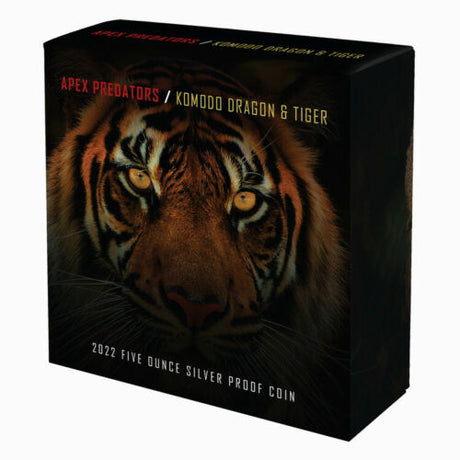 Niue 2022 $10 Apex Predators Komodo Dragon vs Tiger 5 Oz .999 Silver Gold Plated Proof