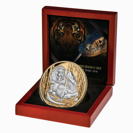 Niue 2022 $10 Apex Predators Komodo Dragon vs Tiger 5 Oz .999 Silver Gold Plated Proof