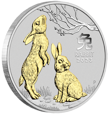 Australia 2023 $1 Year of the Rabbit 1oz 99.99% Silver Gilded Coin - Lunar Series III - Perth Mint