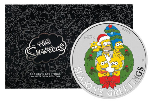 Tuvalu $1 2022 The Simpsons Season’s Greetings Christmas 1oz .9999 Silver Colour Coin In Card
