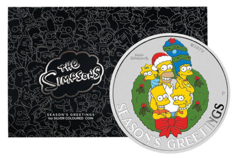 Tuvalu $1 2022 The Simpsons Season’s Greetings Christmas 1oz .9999 Silver Colour Coin In Card