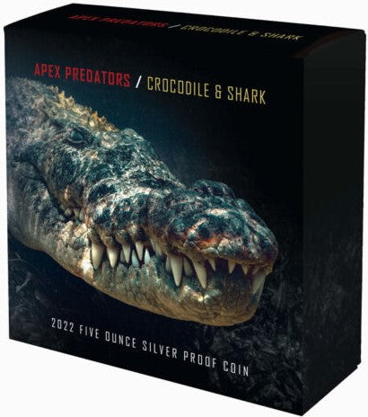 Niue 2022 $10 Apex Predators Crocodile & Shark 5 Oz .999 Silver Gold Plated Proof