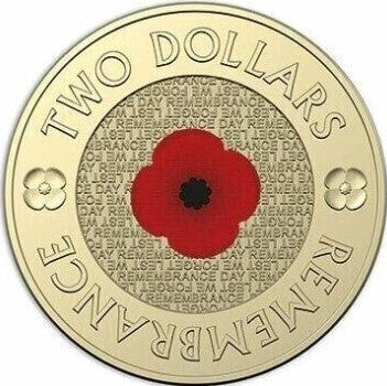 Australia 2022 $2 Red Poppy $2 C Mintmark Remembrance Day Coloured Uncirculated Coin Reverse