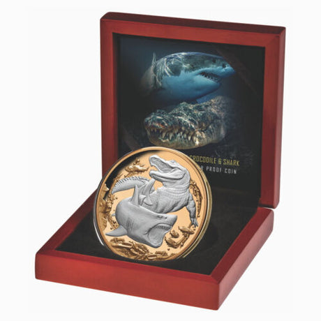 Niue 2022 $10 Apex Predators Crocodile & Shark 5 Oz .999 Silver Gold Plated Proof
