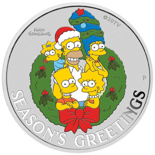 Tuvalu $1 2022 The Simpsons Season’s Greetings Christmas 1oz .9999 Silver Colour Coin In Card