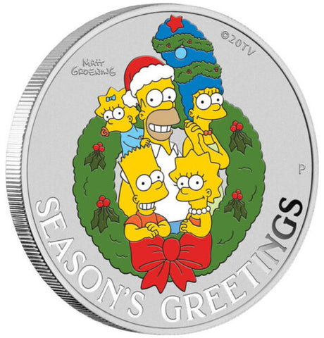 Tuvalu $1 2022 The Simpsons Season’s Greetings Christmas 1oz .9999 Silver Colour Coin In Card