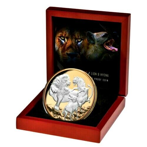 Niue 2022 $10 Apex Predators Lion & Hyena 5 Oz .999 Silver Gold Plated Proof