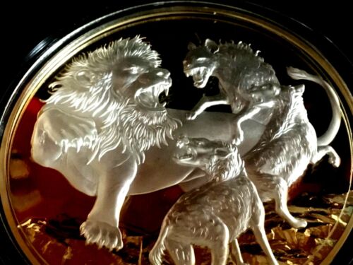 Niue 2022 $10 Apex Predators Lion & Hyena 5 Oz .999 Silver Gold Plated Proof