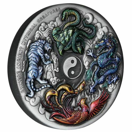 Tuvalu 2021 $5 Chinese Ancient Mythical Creatures Coloured 5oz Silver Antiqued Coin