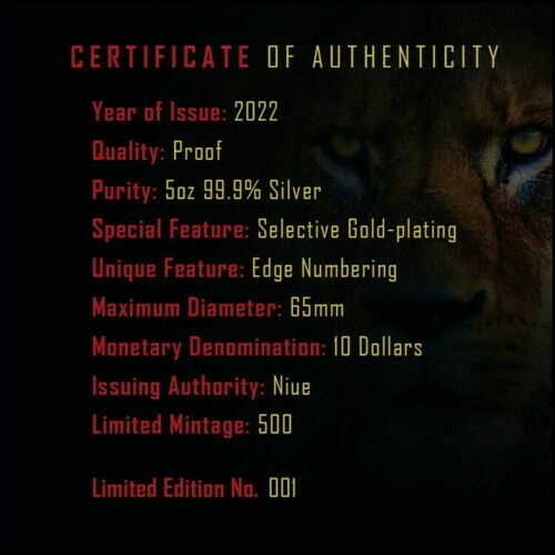 Niue 2022 $10 Apex Predators Lion & Hyena 5 Oz .999 Silver Gold Plated Proof