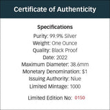 Niue 2022 $1 Barn Owl Australia At Night 1 Oz Pure Silver Black
